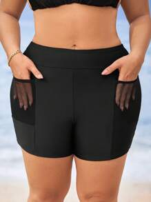 Swim Lushoire Plus Size Women Solid Color Single Mesh Side Semi-Transparent Cropped Casual Beach Holiday Bottoms