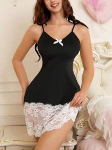 Sexy Lace Trim Contrast Color Backless Bodycon Nightgown For Women - Black and White - View 6