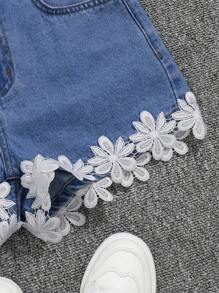 SHEIN شورتات جينز متعددة الألوان عملية متعددة الاستخدامات للمراهقات، مزينة بالخرز وجيوب داخلية