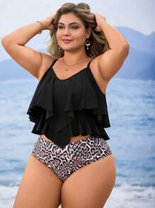 Swim Lushoire Plus Size 2pcs/Set Women Solid Color Ruffle Spaghetti Strap Top & Leopard Print Triangle Tankini Bottom Swimwear, Vacation - Multicolor - View 5