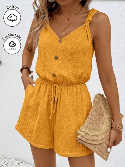 SHEIN Frenchy Women Texture Button Decor Elastic Waistband Summer Simple Casual Jumpsuit Shorts Women Rompers Shorts Women Linen Jumpsuit Comfy Jumpsuit