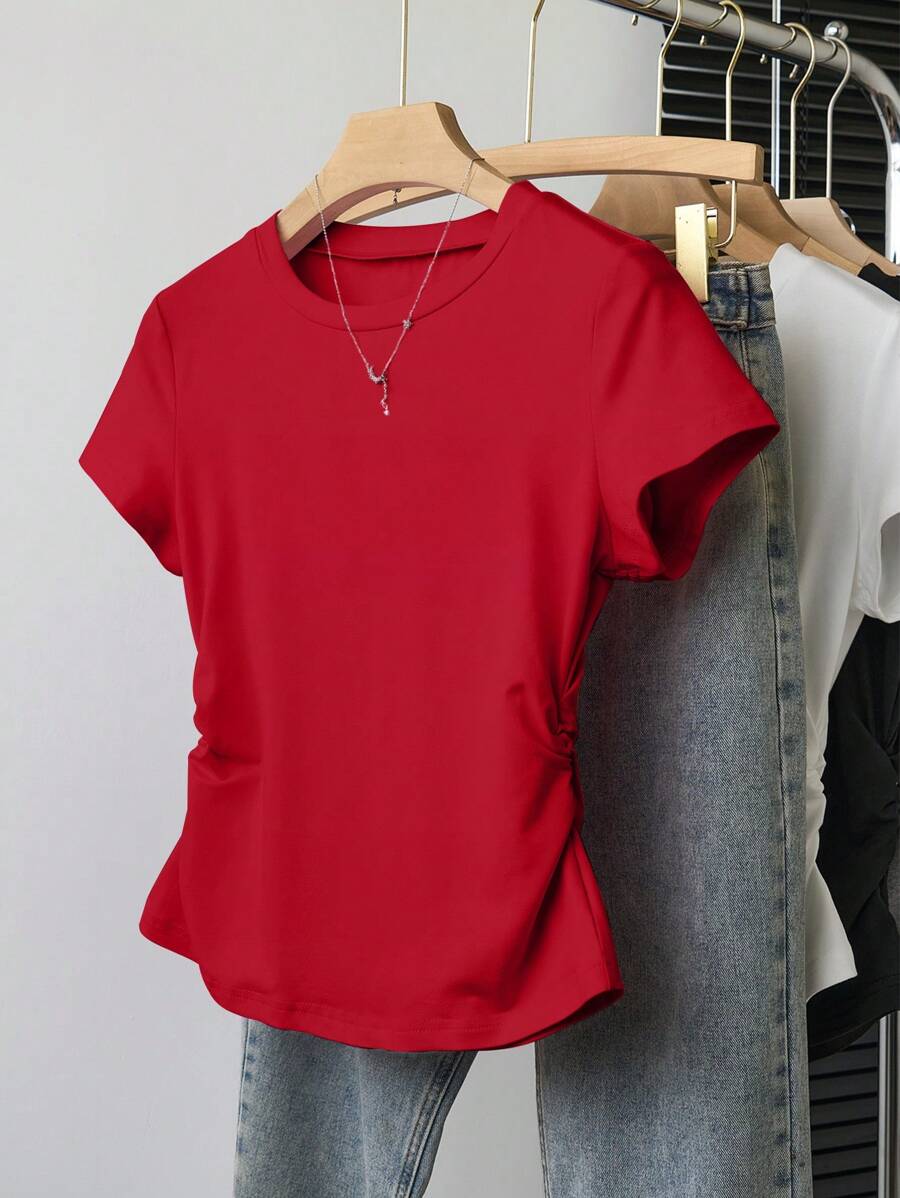 INAWLY Women's Solid Color Round Neck Short Sleeve T-Shirt, Minimalist Fashion Style Suitable For Summer - Red - View 1