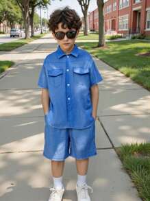 2pcs/Set Tween Boys Casual Vacation Washed Pattern Collar Open Short Sleeve Shirt And Loose Woven Shorts Set, Suitable For Commuting, School, Daily Casual, Vacation, Sports, Spring/Summer/Autumn/Winter - Baby Blue - View 1