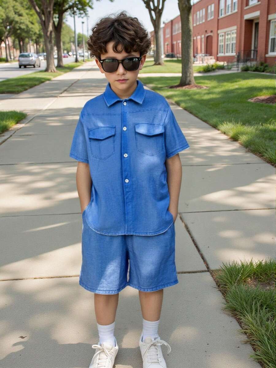 2pcs/Set Tween Boys Casual Vacation Washed Pattern Collar Open Short Sleeve Shirt And Loose Woven Shorts Set, Suitable For Commuting, School, Daily Casual, Vacation, Sports, Spring/Summer/Autumn/Winter - Baby Blue - View 1