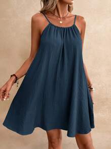 Poéselle Váy suông Boho mùa hè cho nữ, thiết yếu, trang phục mùa hè, thiết yếu cho mùa cưới, váy rút Cottagecore váy suông cho nữ - Màu xanh hải quân - Xem 3