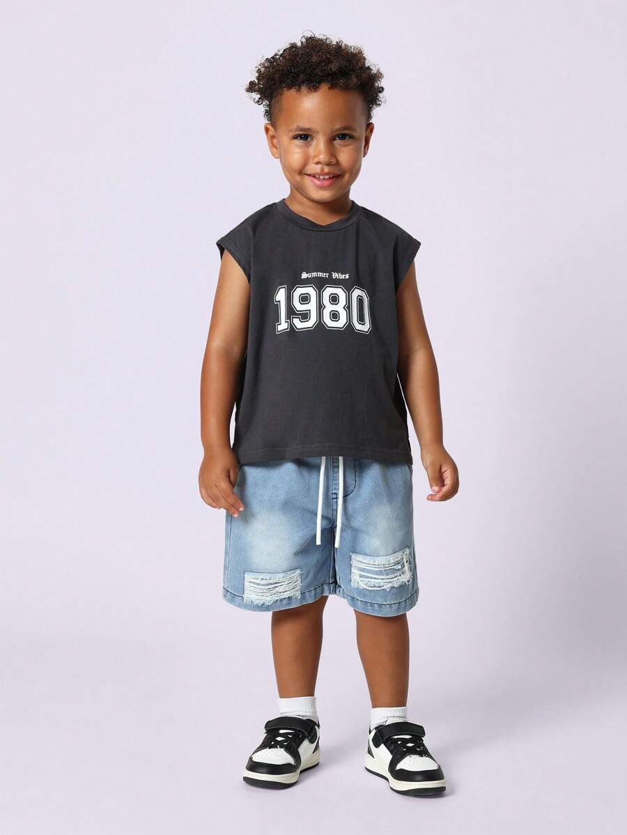 SUMWON 男童夏季 1980 两件套背心破洞牛仔短裤运动休闲都市街头时尚服装 4 岁幼儿 - 彩色 - 查看 1