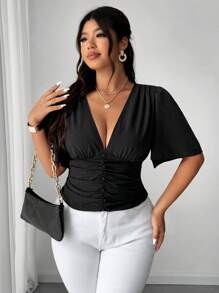 Elenzga Áo sơ mi nữ cỡ lớn thiết kế thời trang thanh lịch màu trơn vải xếp ly nút nấm trang trí lưng xếp ly rộng rãi - màu đen - Xem 7