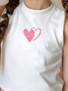 SHEIN Young Girl Casual Minimalist Cartoon Heart Print Sleeveless Round Neck Tank Top, Suitable For Summer - White - View 4