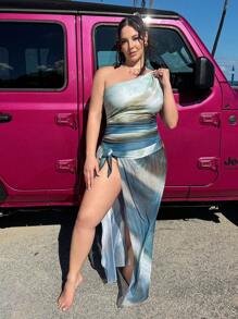 Swim Oasis 1 件大码扎染印花单肩连体泳衣和罩衫裙海滩装女士夏季度假装 - 彩色 - 查看 8