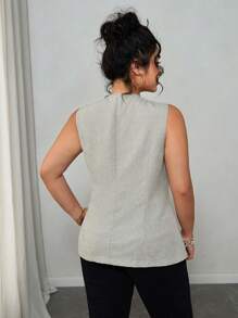 Elenzga 大码女式法式常规纯色无袖亚麻西装外套，夏季 - 淺灰色 - 查看 2