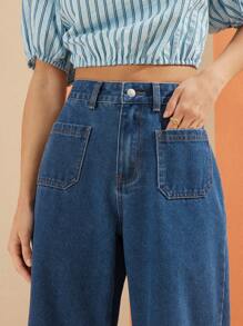 WESTFADE 中腰贴袋宽松阔腿七分长西部牛仔牛仔裤春假休闲海滩度假 - 淺色水洗藍 - 查看 4