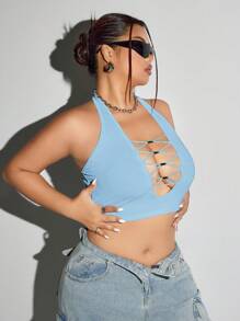 SHEIN ICON Plus Size Slim Fit Deep V-Neck Beaded Decoration Halter Neck Tank Top - Baby Blue - View 3