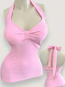 INAWLY Top halter con lazo rosa y espalda descubierta - Rosa - Ver 1