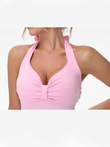 INAWLY Top halter con lazo rosa y espalda descubierta - Rosa - Ver 4