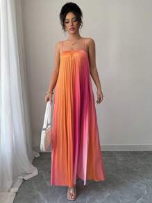 Selianne 女士渐变色花卉印花宽松 A 字中长吊带裙，度假休闲日常通勤装 - 彩色 - 查看 6