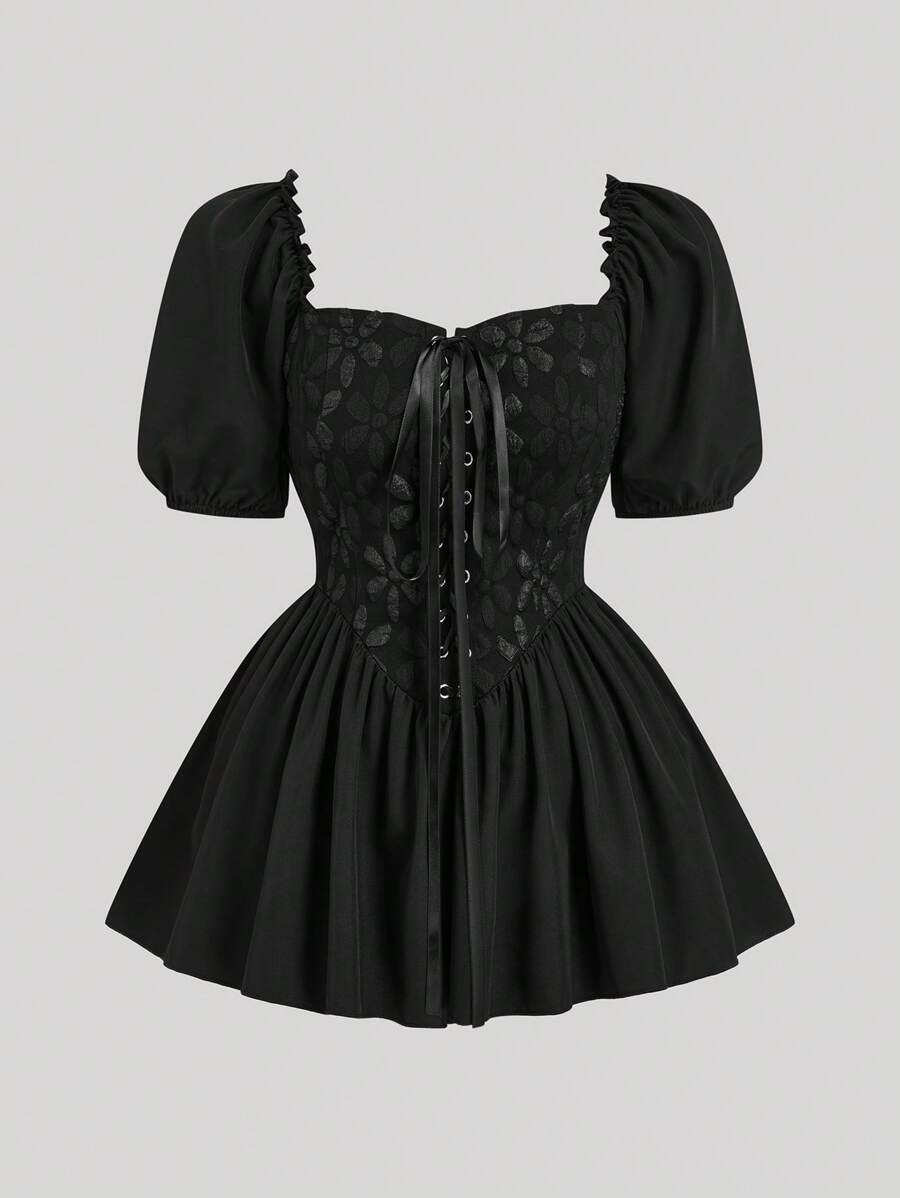 Sweetra Plus Size Punk Goth Style Collared Jacquard Patchwork Grommet Tie Waist A-Line Shirt - Black - View 1