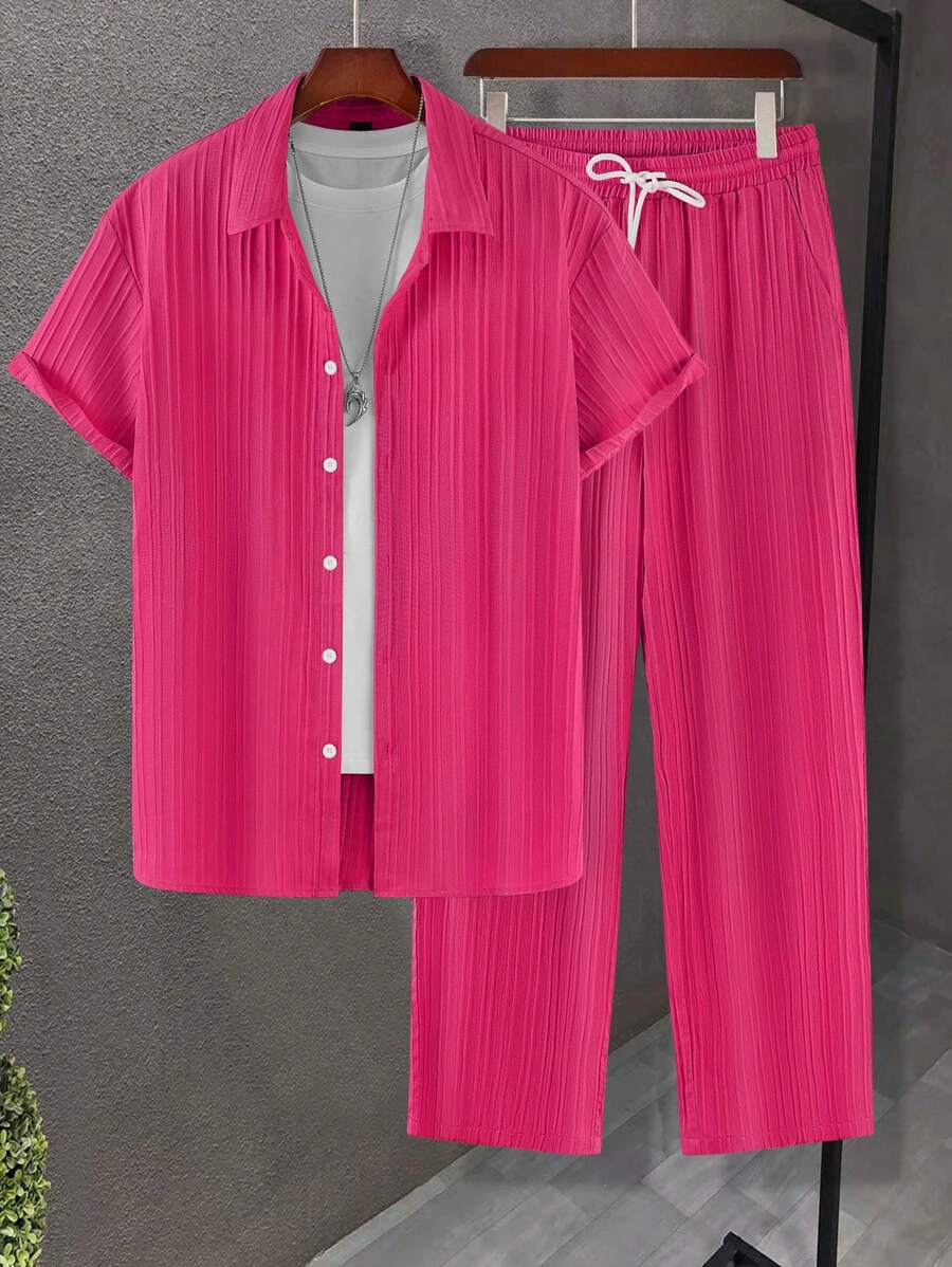 Manfinity Homme 2 件套男士休闲纯色短袖衬衫和裤子 - 玫紅色 - 查看 1