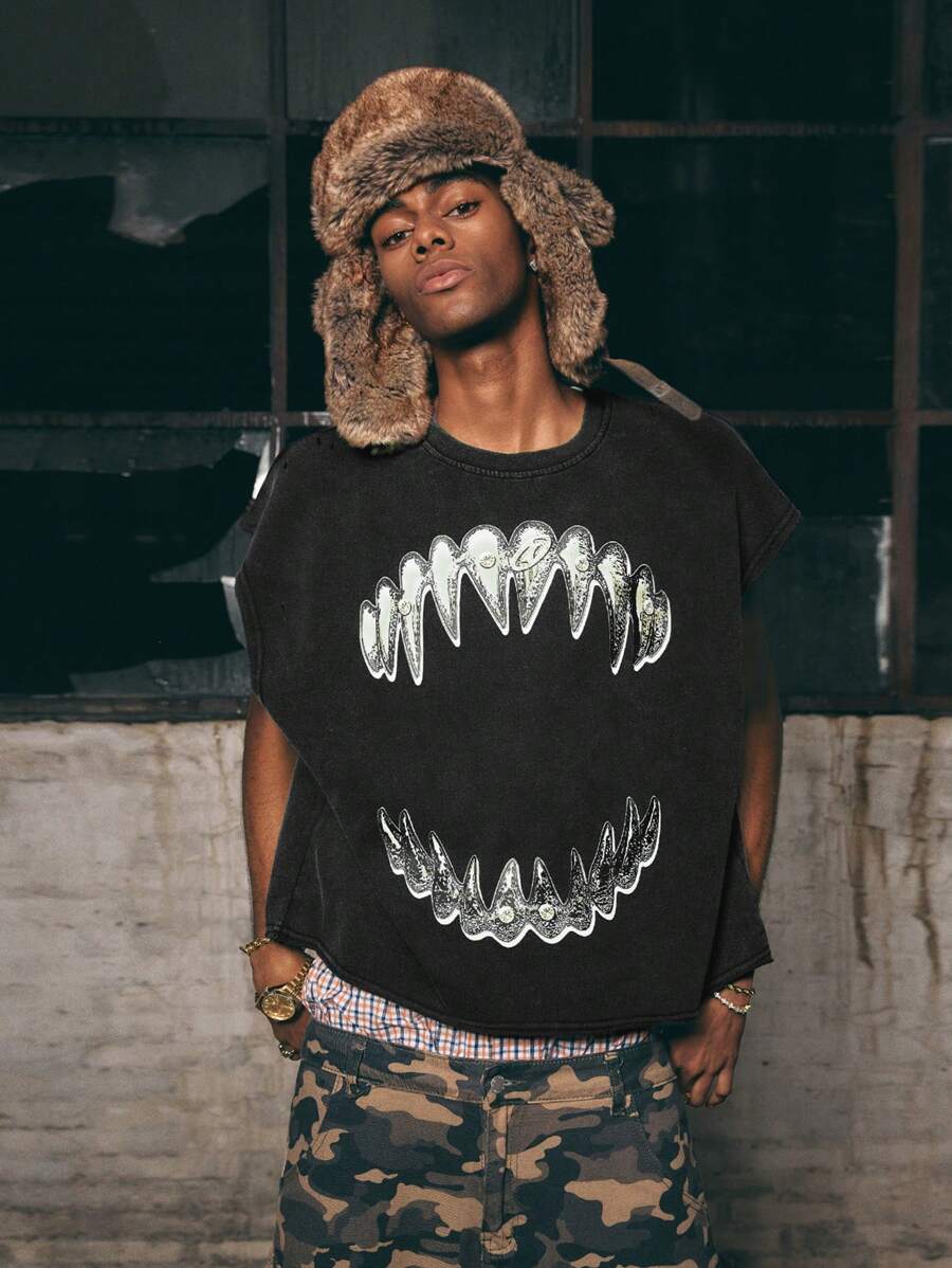 AXEPEAK Áo len không tay dệt kim màu đen giặt axit dành cho nam - Màu xám đen - Xem 1