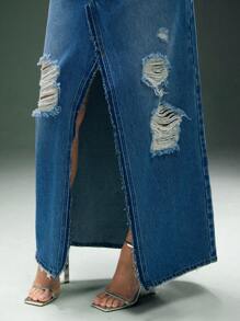 Denimoi 破洞洗水牛仔长裙，前后中心开衩，日常穿着，夏季风格，街头时尚 - 藍色 - 查看 4