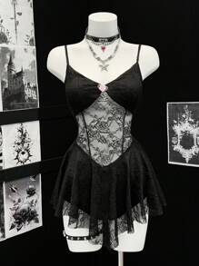 EgrlEra 女士性感蕾丝喇叭迷你连衣裙 - 黑色 - 查看 1