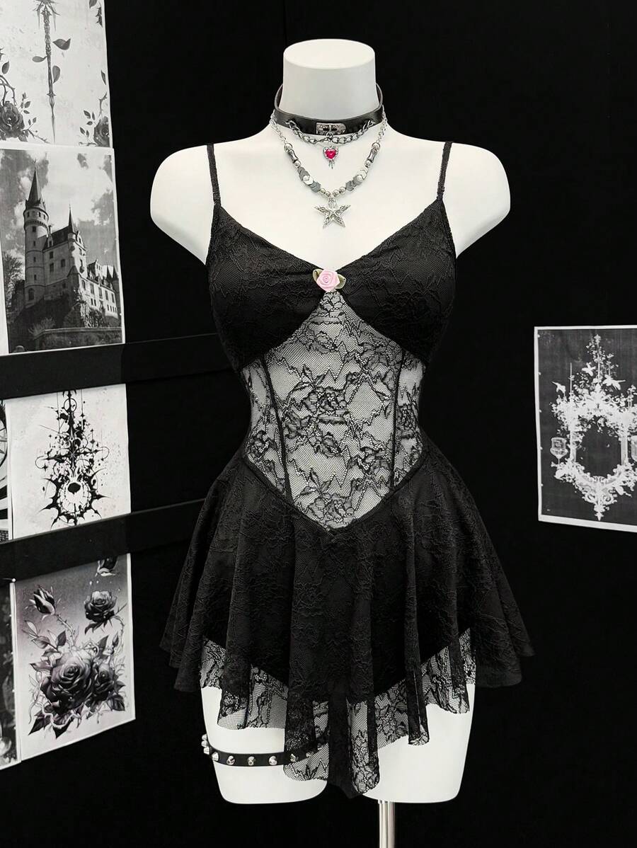 EgrlEra 女士性感蕾丝喇叭迷你连衣裙 - 黑色 - 查看 1