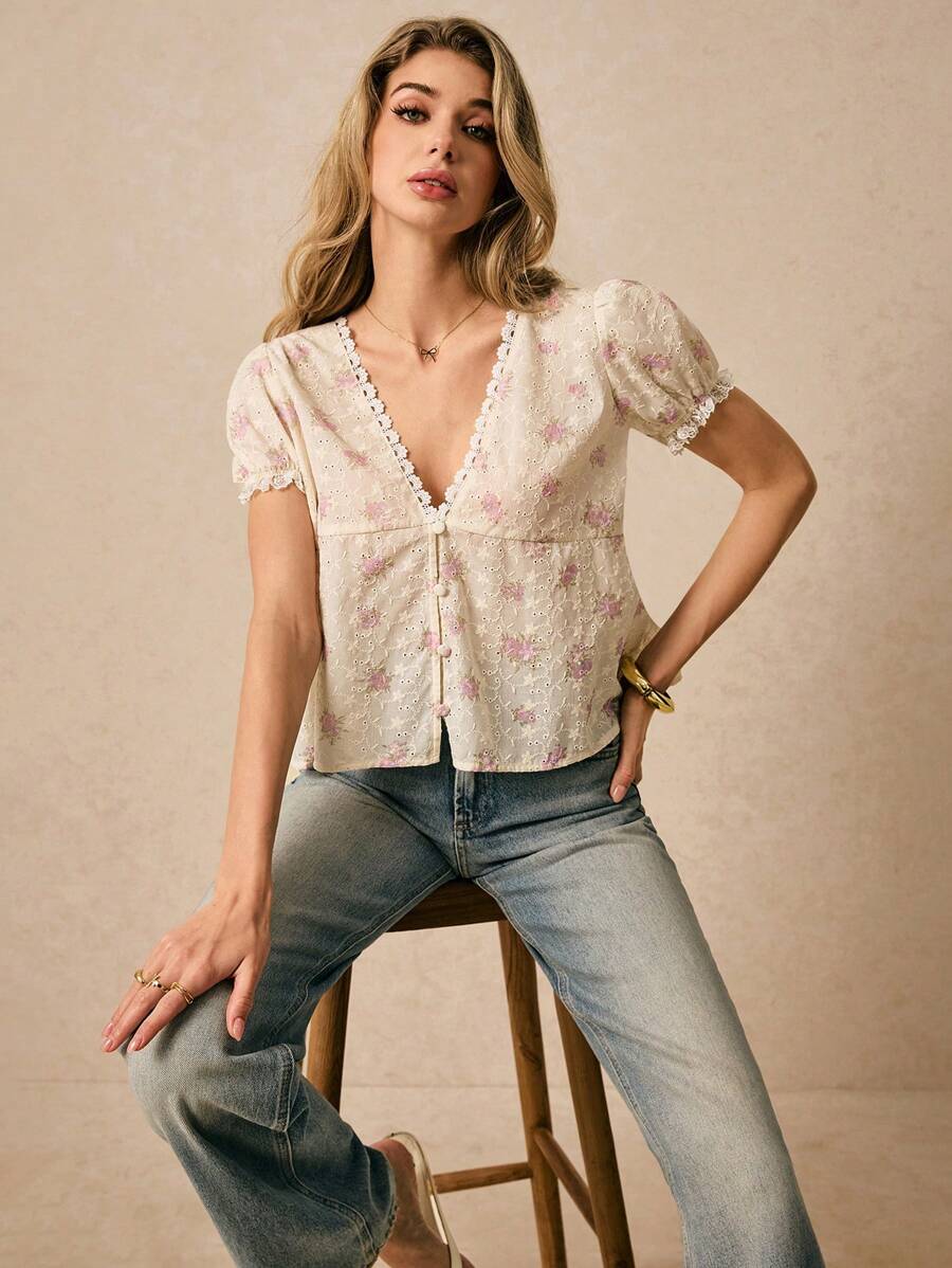 Poéselle 女士度假风刺绣泡泡袖休闲衬衫，度假女装，波西米亚风，可爱夏季上衣，外出上衣，夏季上衣 - 淡紫色 - 查看 1