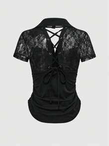 ROMWE Grunge Punk Y2K Harajuku Gal Style Lace Backless Halter Tank Top For Women - Black - View 2