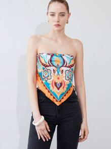 SHEIN Privé 女士春夏橙色波西米亚风印花挂脖上衣 - 彩色 - 查看 1