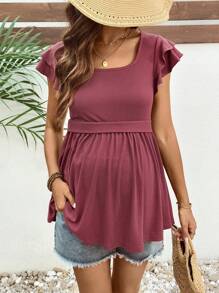 SHEIN Burgundy Maternity Knitted Casual T-Shirt With Ruffle Cap Sleeves And A Square Neckline - Burgundy - View 7