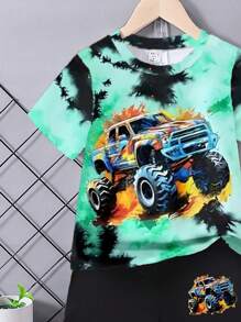 SHEIN 2pcs/Set Toddler Boys Customized Short Sleeve Shorts Set, School, Campus, College