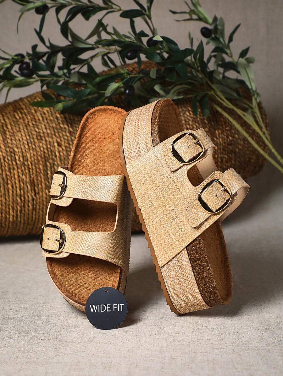 SHUZIA 女式宽版坡跟厚底一脚蹬凉鞋，舒适简约休闲露背拖鞋 - 米色 - 查看 1