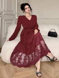 DAZY فستان نسائي متوسط الطول بياقة على شكل حرف V مع تصميم من الدانتيل والحزام، إطلالة أنيقة لحضور حفلات الزفاف في الربيع، فستان طويل الأكمام للخريف باللون الأحمر، فستان سهرة للنساء