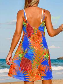 Conjunto de vestido de tirantes y vestido cubrecosturas con estampado de plantas tropicales para vacaciones en la playa para mujer