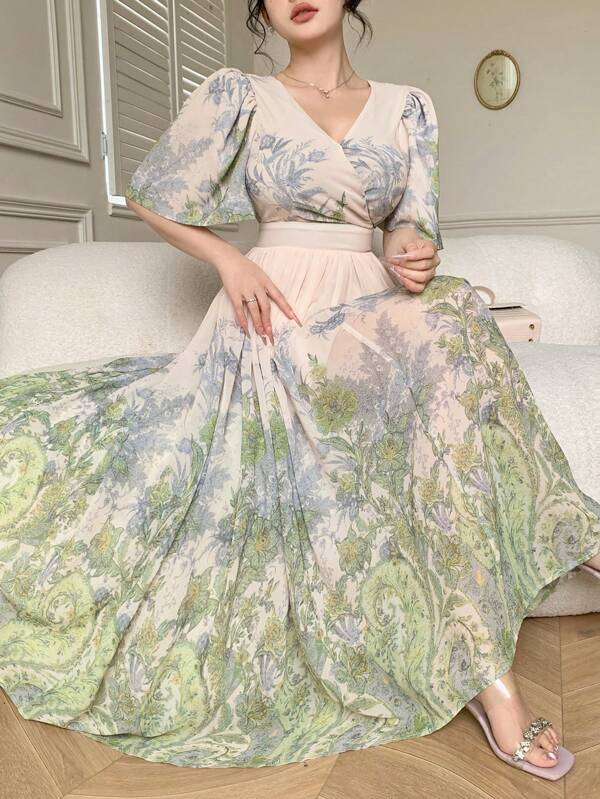 Joudiya Boho-Style All-Over Floral Print Square Neck Midi Dress For Women