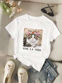 INAWLY Solva Maglietta casual a maniche corte da donna con stampa di lettere e fiori, scollo rotondo