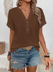 EMERY ROSE Women's Solid Color V-Neck Button Design Short Sleeve Casual T-Shirt - Brown - View 3