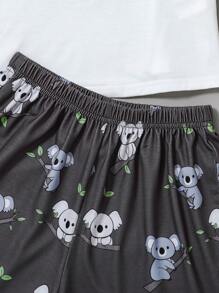 青少年女孩可爱卡通考拉印花圆领短袖T恤和短裤和裤子三件套睡衣套装，舒适休闲 - 白色 - 查看 5