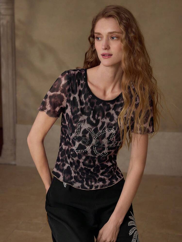 RHINESTONE LEOPARD PRINT T-SHIRT