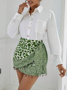 Aveloria Leopard Print Pom Pom Trim Wrap Knot Side Skirt  - Green - View 3