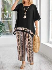 EMERY ROSE Conjunto de 2 piezas de talla grande con camiseta de manga corta y cuello redondo y pantalones, de moda para el verano - Multicolor - Ver 4