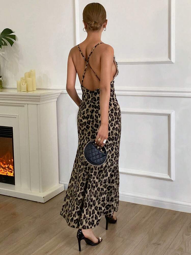 Leopard Print Lace Patchwork Deep V-Neck Women's Dress Sundress Cheetah Print Maxi Dress