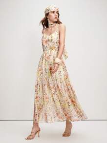 EMERY ROSE Vestido Longo Modelador de Figura Estilo Resort Francês "Tea Break", Vestido Camisete Fluido Amarelo com Estampa Floral Miúda para Praia - Multicolorido - Visão 3
