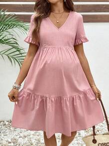 SHEIN Pregnant Women Solid Color V-Neck Short Sleeve Nursing Maternity Dress - Pink - View 3