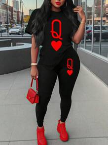 Maweii 2 件套加大码字母与心形印花圆领短袖上衣和长裤 - 黑色 - 查看 1