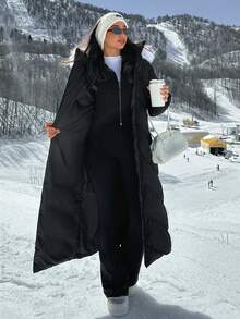 EURMUSE Premium Quality, Contrast Fur Detailed Long Line Puffer Winter Coat With Belt - Black - View 7