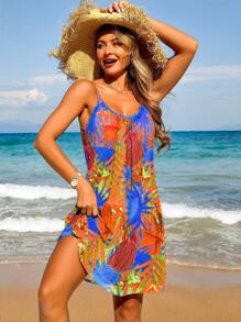 Conjunto de vestido de tirantes y vestido cubrecosturas con estampado de plantas tropicales para vacaciones en la playa para mujer