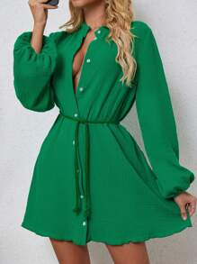INAWLY Women's Solid Color Front Button Long Sleeve Casual Minimalist Mini Dress