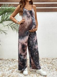 SHEIN Maternity Casual Tie-Dye One Shoulder Sleeveless Long Jumpsuit With Pockets - Multicolor - View 7