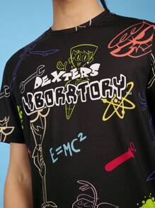 Dexter's Laboratory X SHEIN 男士 2 件套彩色涂鸦街头风格休闲图案印花 T 恤和短裤，春夏 - 黑色 - 查看 5