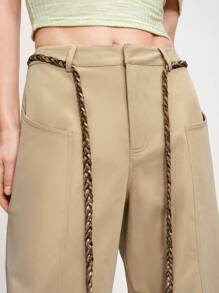 Arave Women's Casual Khaki Long Pants: Woven Fabric With Zipper Detail And Braided Rope Belt Fall Women Clothes Fall Outfits Women Fall Autumn Clothes - Khaki - View 3